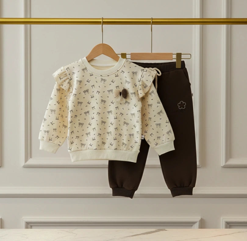 Chic Bow Print Fleece Ruffle Shoulder Sweatsuit