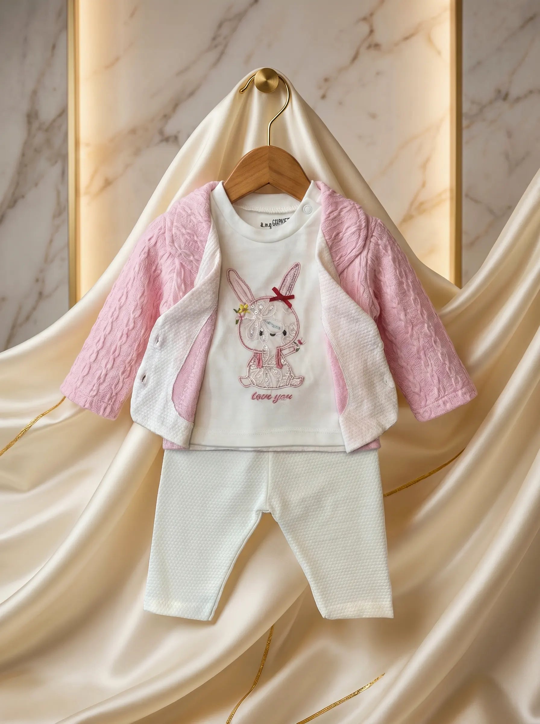 3-Piece Ulta Soft Waffle-Knit Baby Sweater Set in Pink & White