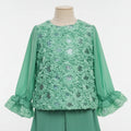 Couture Mint Bloom: Rosette Embellished Top & Fluid Pleated Palazzo Set