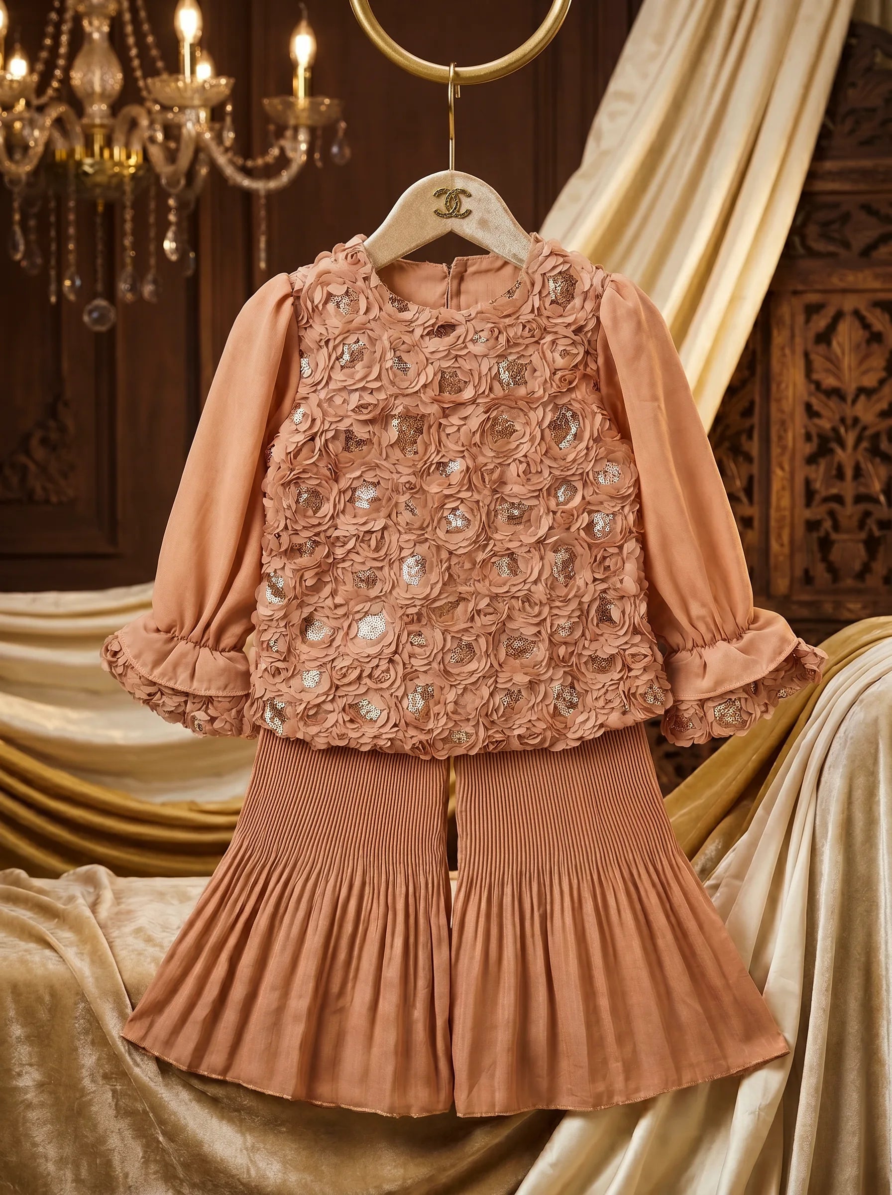 Couture Rose Petal Perfection: Rosette Embellished Top & Fluid Pleated Palazzo Set