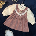 Lace & Bow Corduroy Frock with Chiffon Sleeves