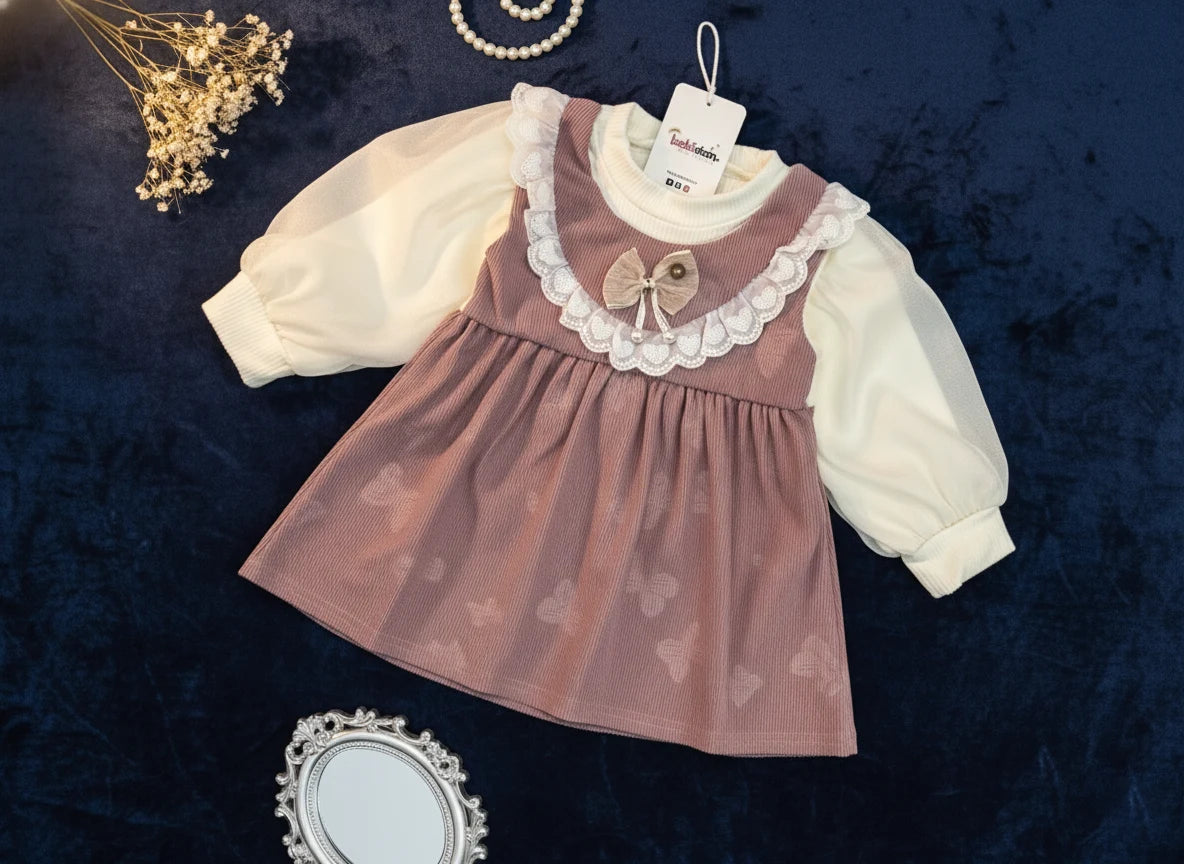Imported Two-in-One Corduroy Frock with Chiffon Sleeves - Lace & Bow