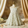 Denim Vest & Green Bow-Print Tiered Dress Set