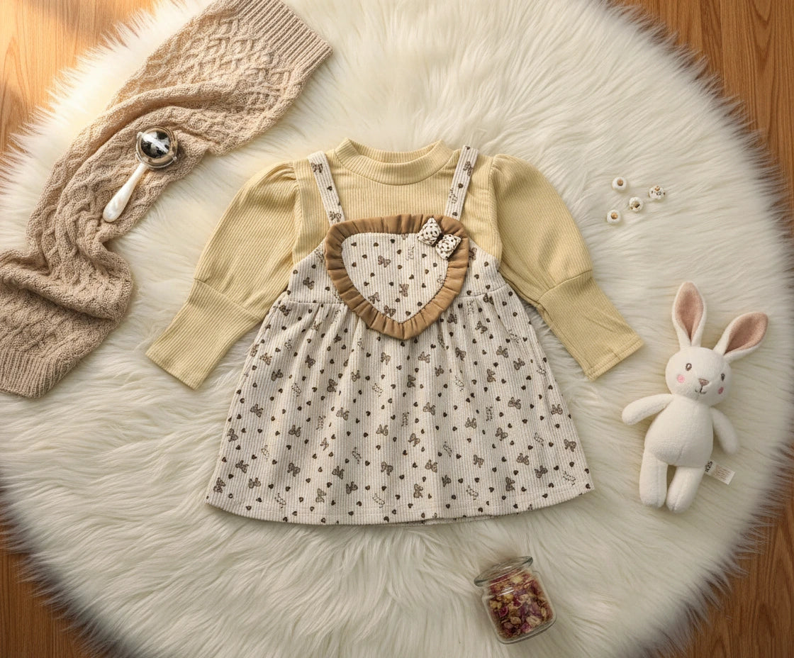 Heart Design Corduroy Frock with Ribbed Top