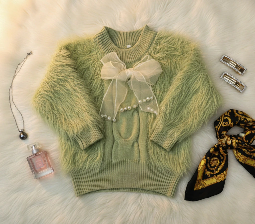 Vibrant Lime Green Shaggy Knit Sweater and Flared Pants Set