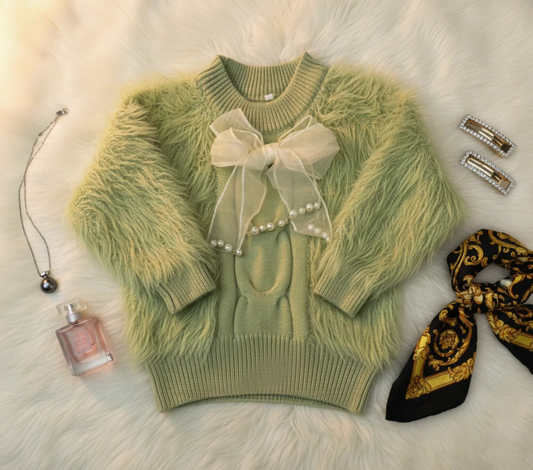 Vibrant Lime Green Shaggy Knit Sweater and Flared Pants Set