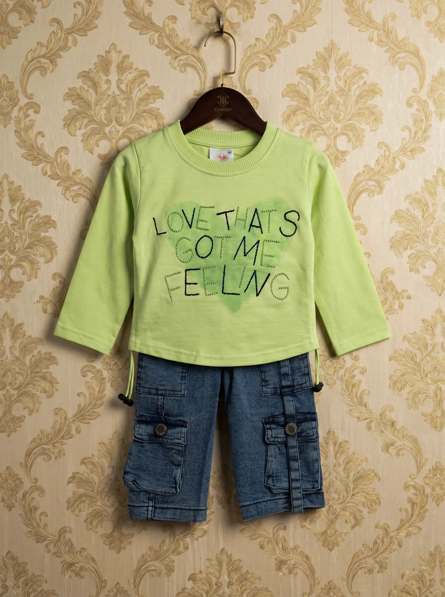 Girl's Full Sleeves Cotton Green Top with Denim Cargo Pants