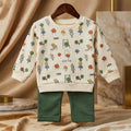 Cartoon-Printed Quilted Cotton Toddler Set in Beige & Green