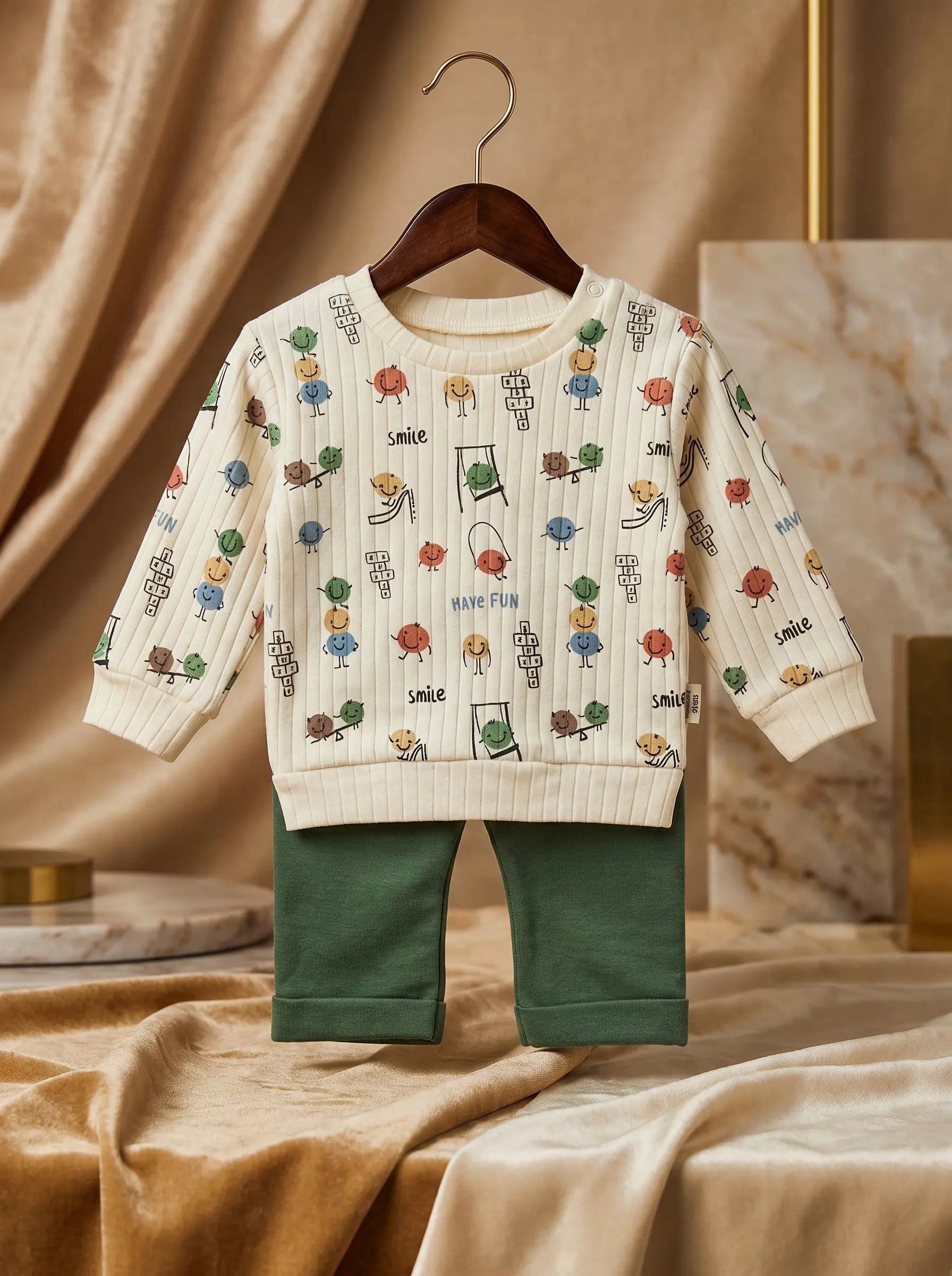 Cartoon-Printed Quilted Cotton Toddler Set in Beige & Green