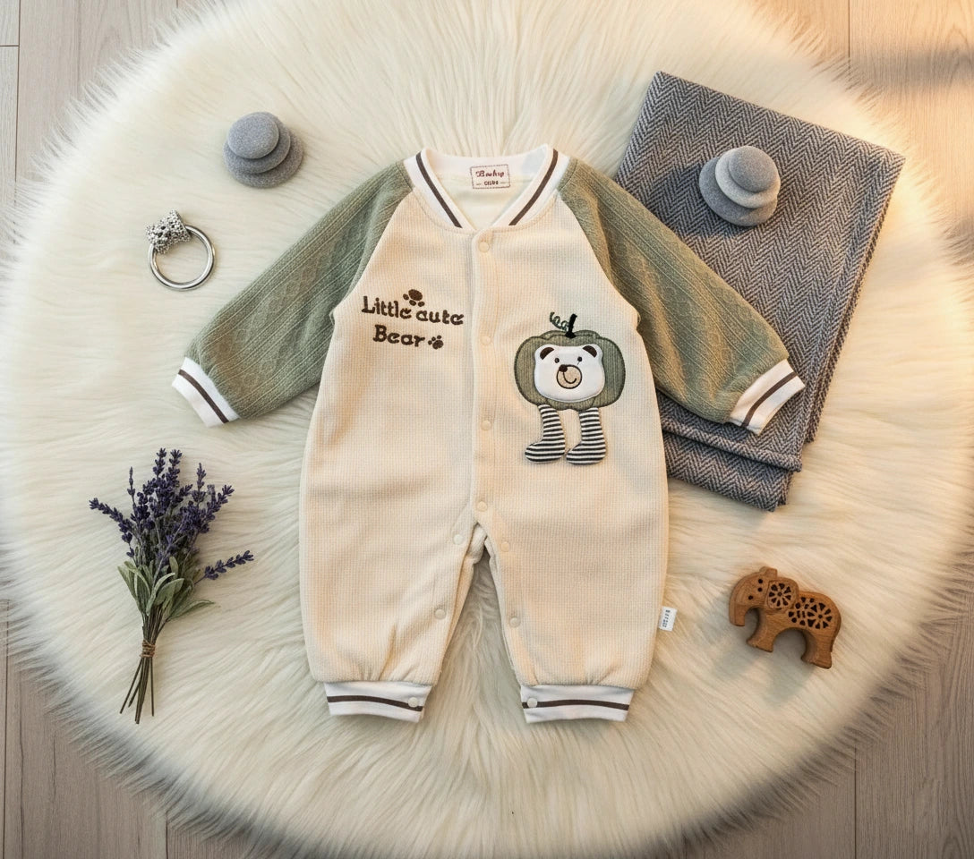 Cute Bear Beige & Green Imported Baby Romper-Soft Wool Fabric