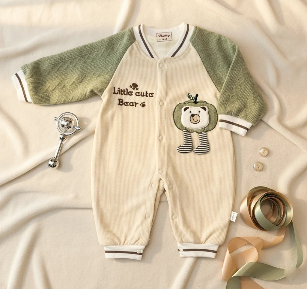 Cute Bear Beige & Green Imported Baby Romper-Soft Wool Fabric
