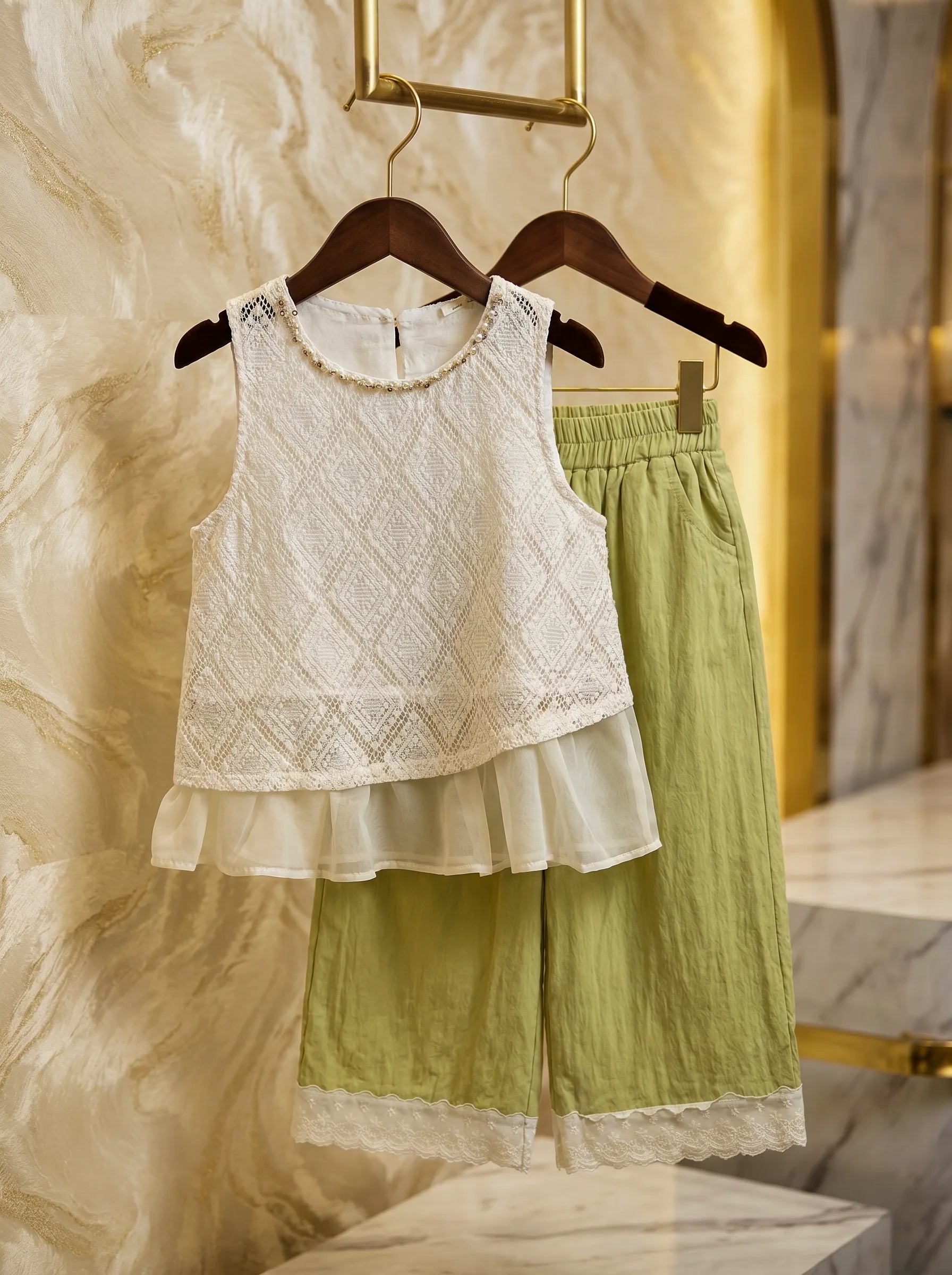 Premium Imported Elegant Crochet-Lace Top & Sage Wide-Leg Trouser Set