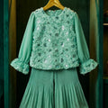 Couture Mint Bloom: Rosette Embellished Top & Fluid Pleated Palazzo Set