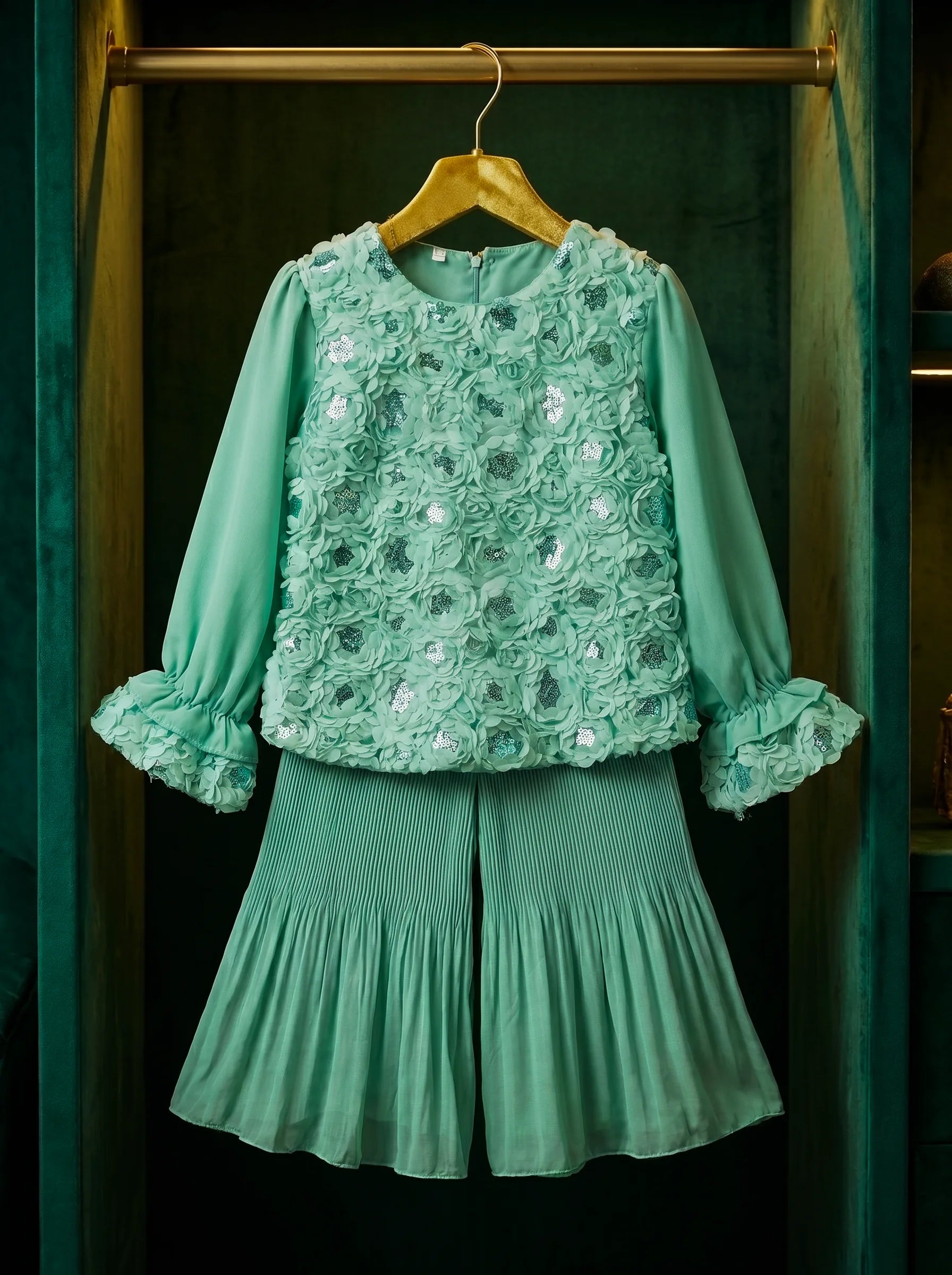 Couture Mint Bloom: Rosette Embellished Top & Fluid Pleated Palazzo Set