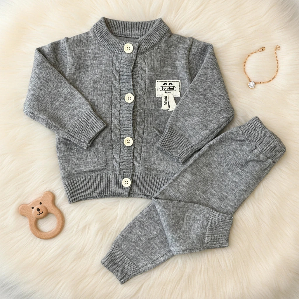 Classic Cable Knit Set: Solid Heather Gray Cardigan