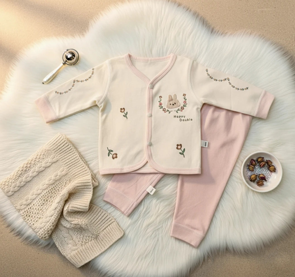 Off White & Pink Ultra Soft Terry Knit Imported Baby Set