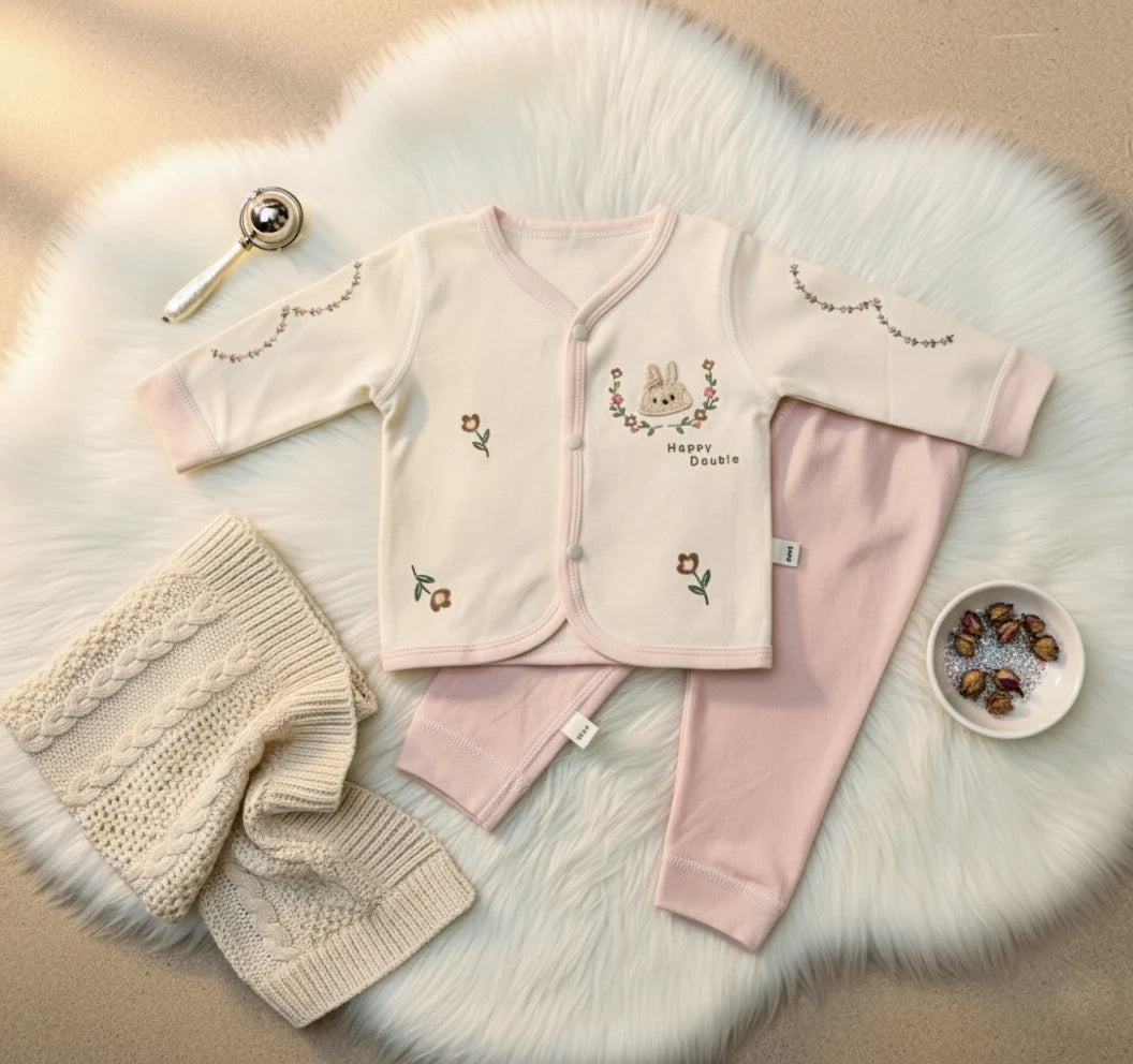 Off White & Pink Ultra Soft Terry Knit Imported Baby Set