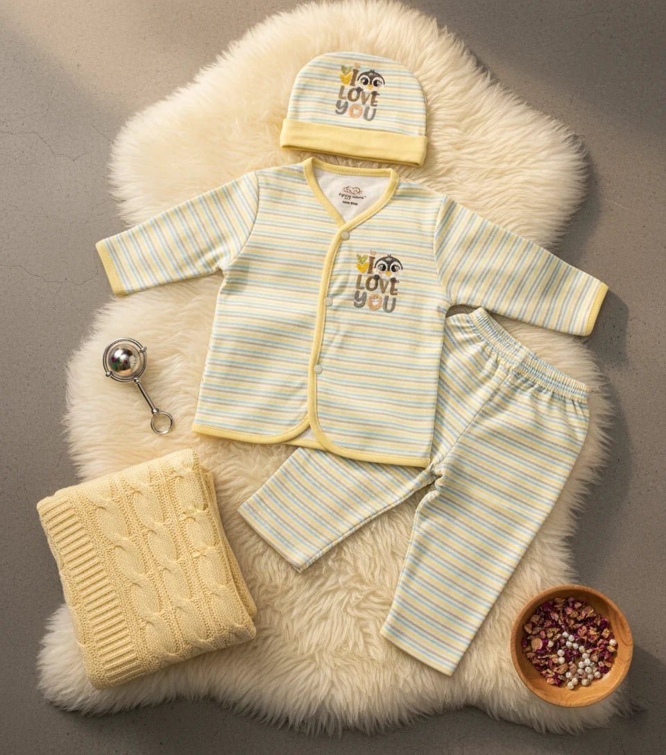 "I Love You" Print Imported Cotton Light Green Striped and Yellow Trim Baby Outfit Set