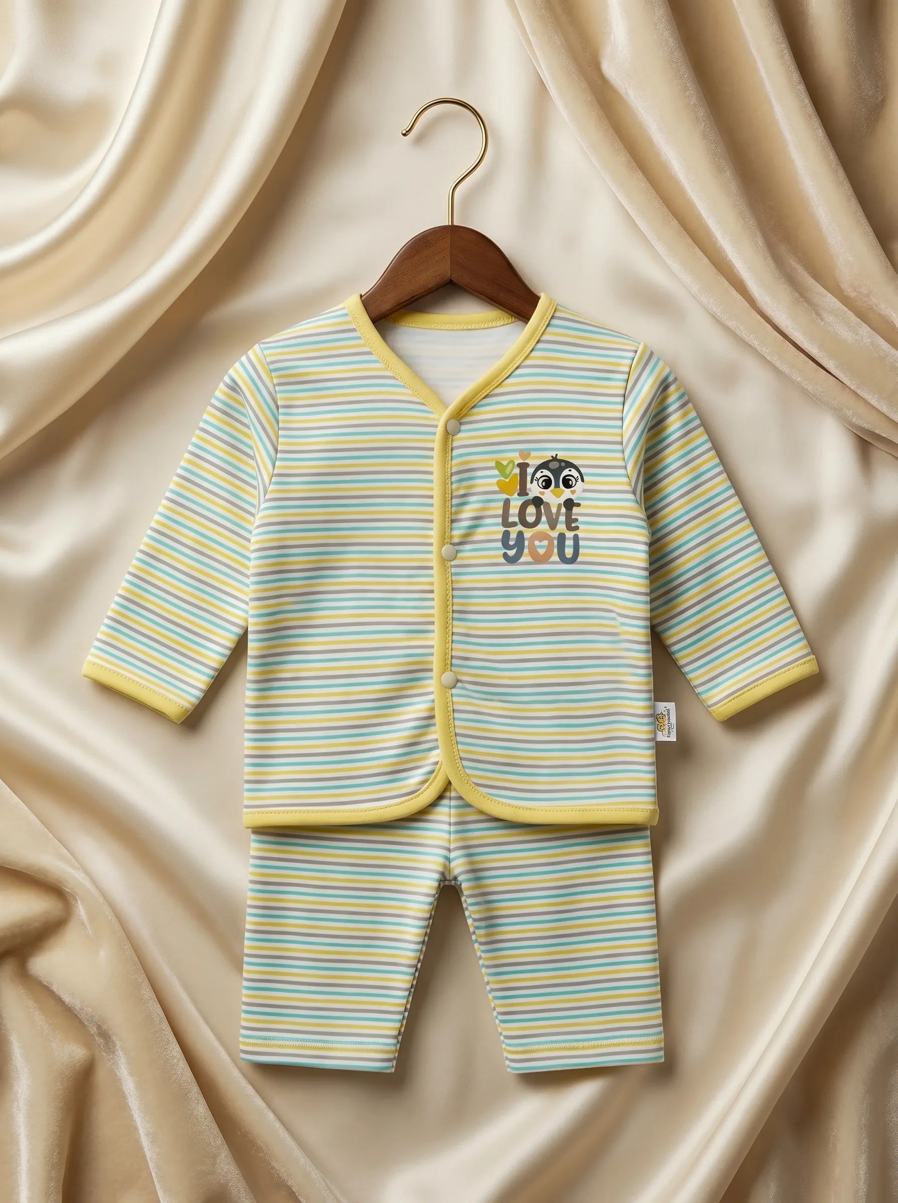 "I Love You" Print Imported Cotton Light Green Striped and Yellow Trim Baby Outfit Set