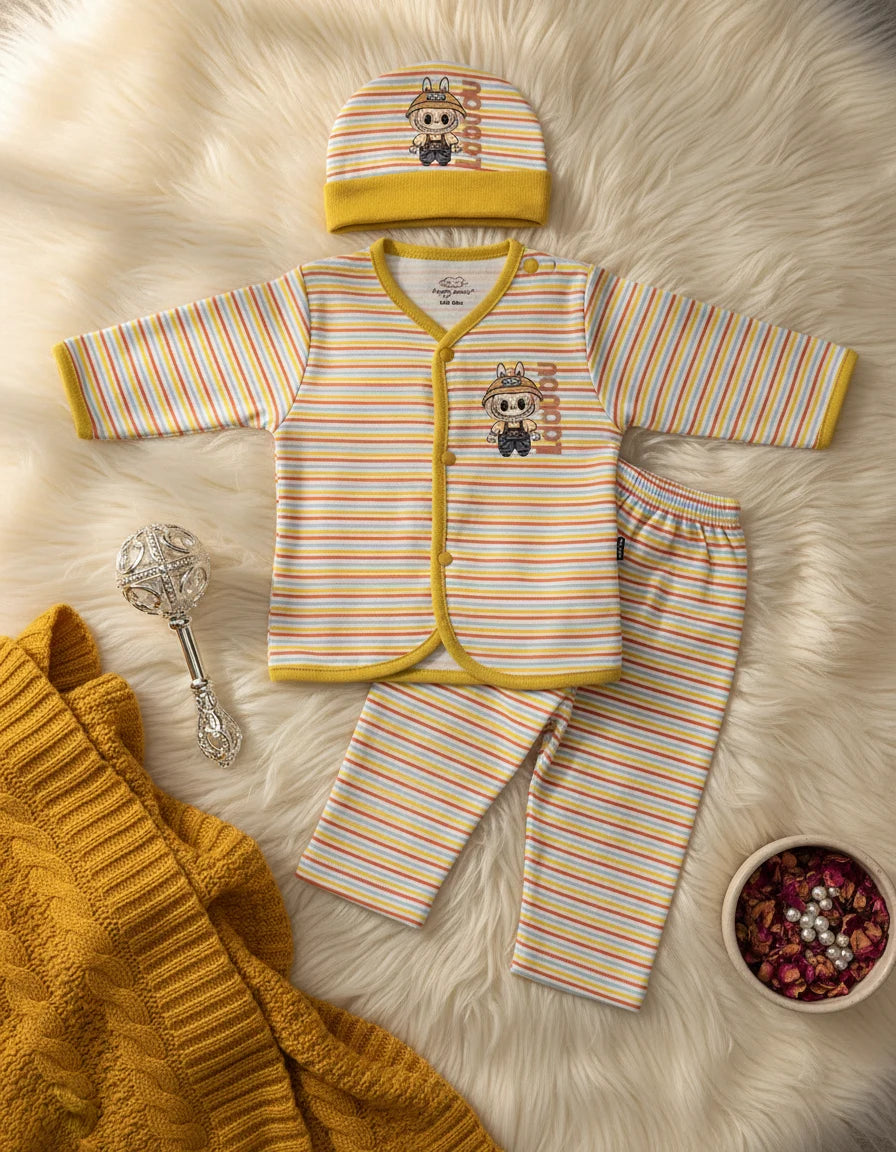 "Labubu" Print Imported Cotton Yellow Striped Baby Outfit Set with Cap.
