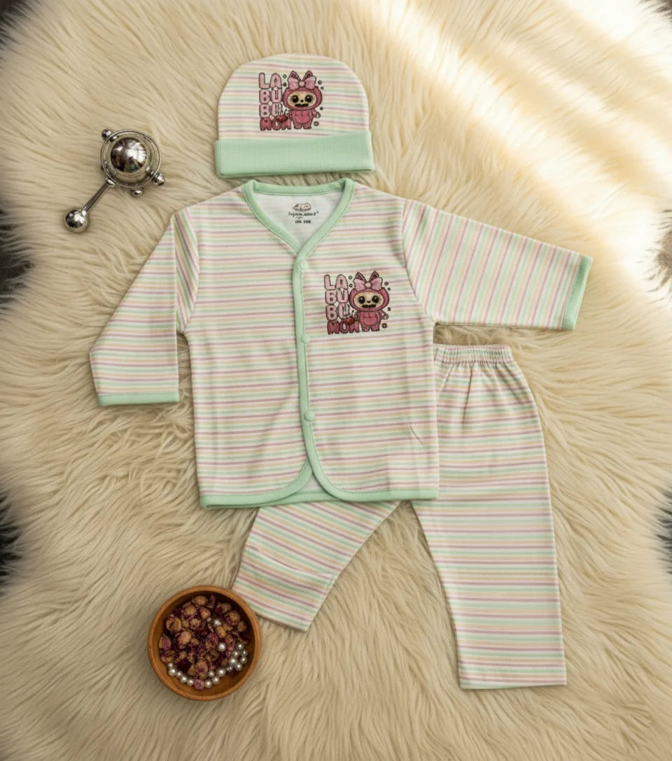 "Labobo MoM" Print Imported Cotton Light Green Striped Baby Outfit Set with Cap.
