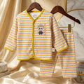 "Labubu" Print Imported Cotton Yellow Striped Baby Outfit Set with Cap.