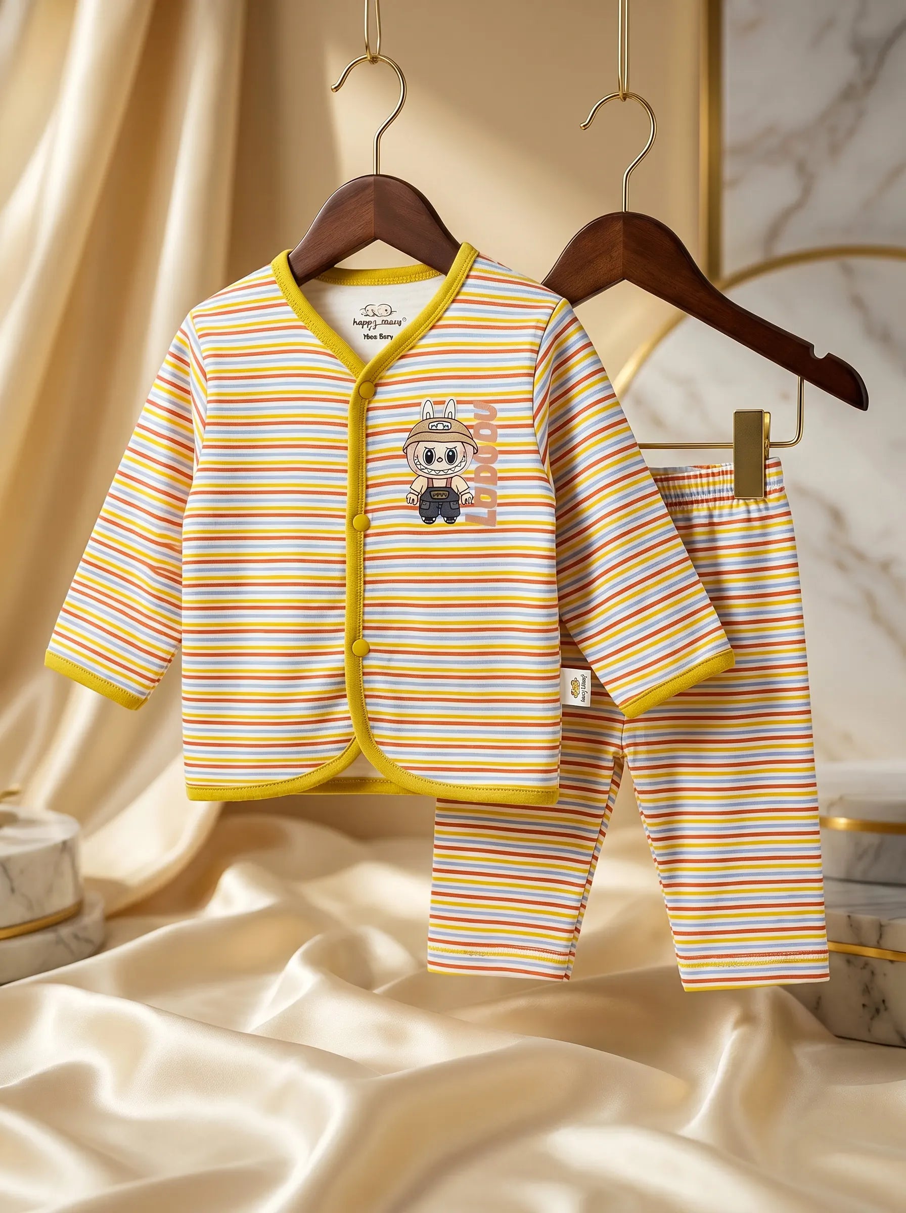 "Labubu" Print Imported Cotton Yellow Striped Baby Outfit Set with Cap.