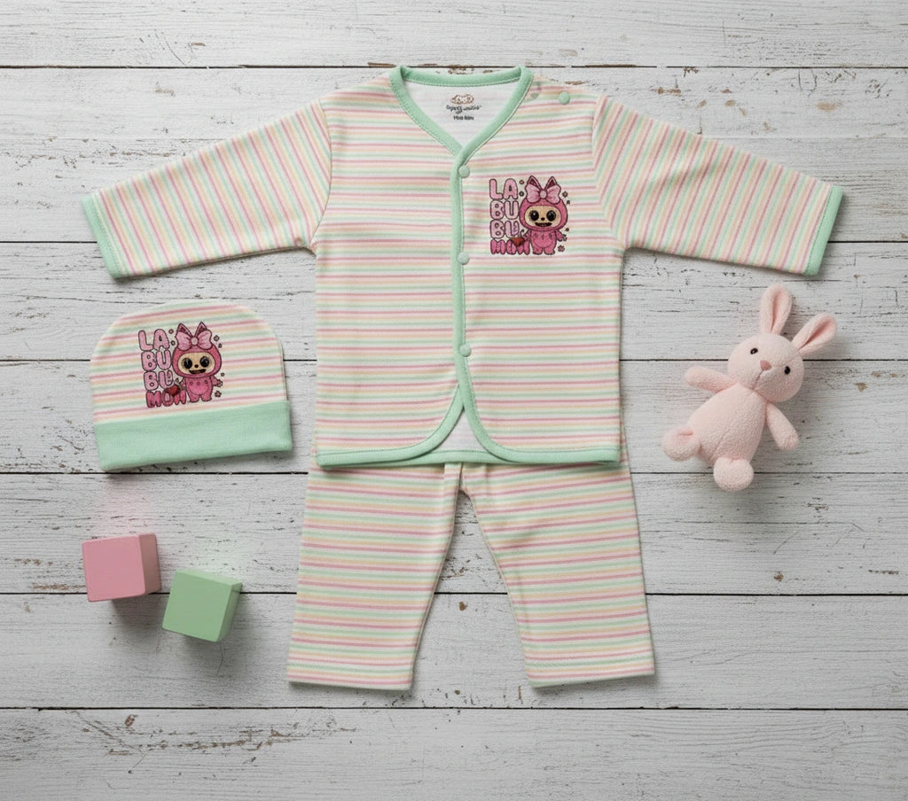 "Labobo MoM" Print Imported Cotton Light Green Striped Baby Outfit Set with Cap.