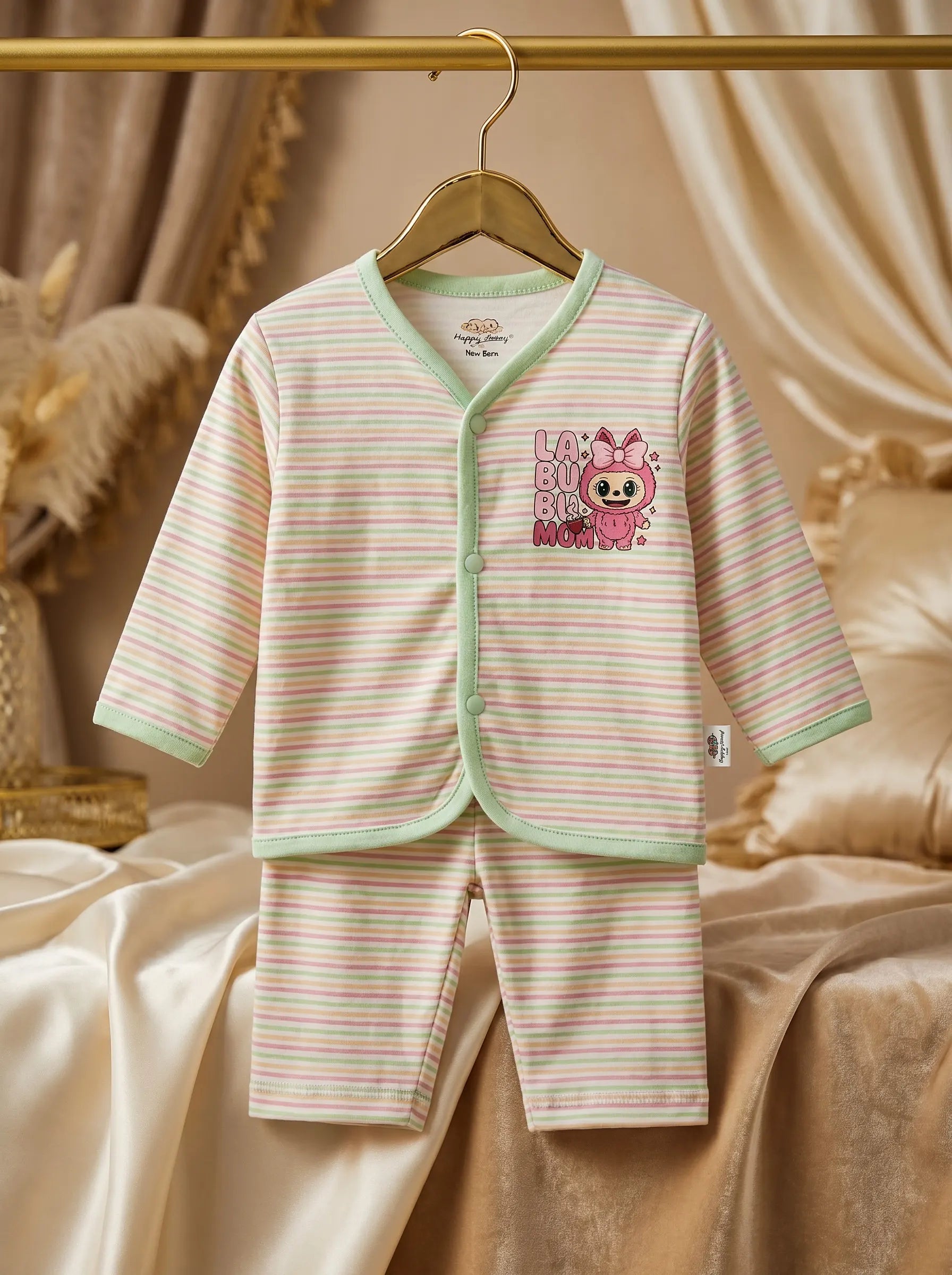 "Labobo MoM" Print Imported Cotton Light Green Striped Baby Outfit Set with Cap.