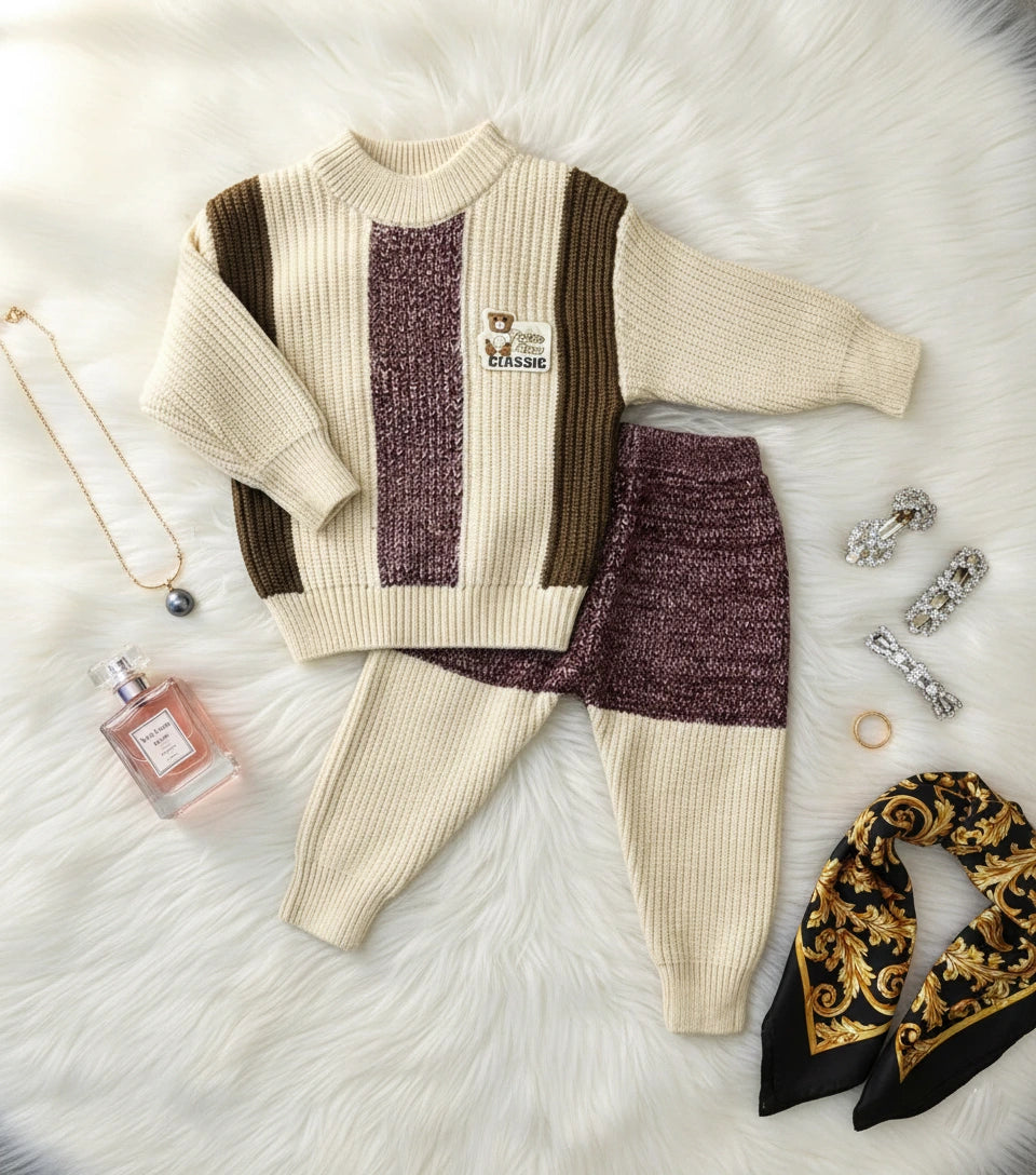 Vintage Color Block Knit Set: Berry & Cream Two-Piece