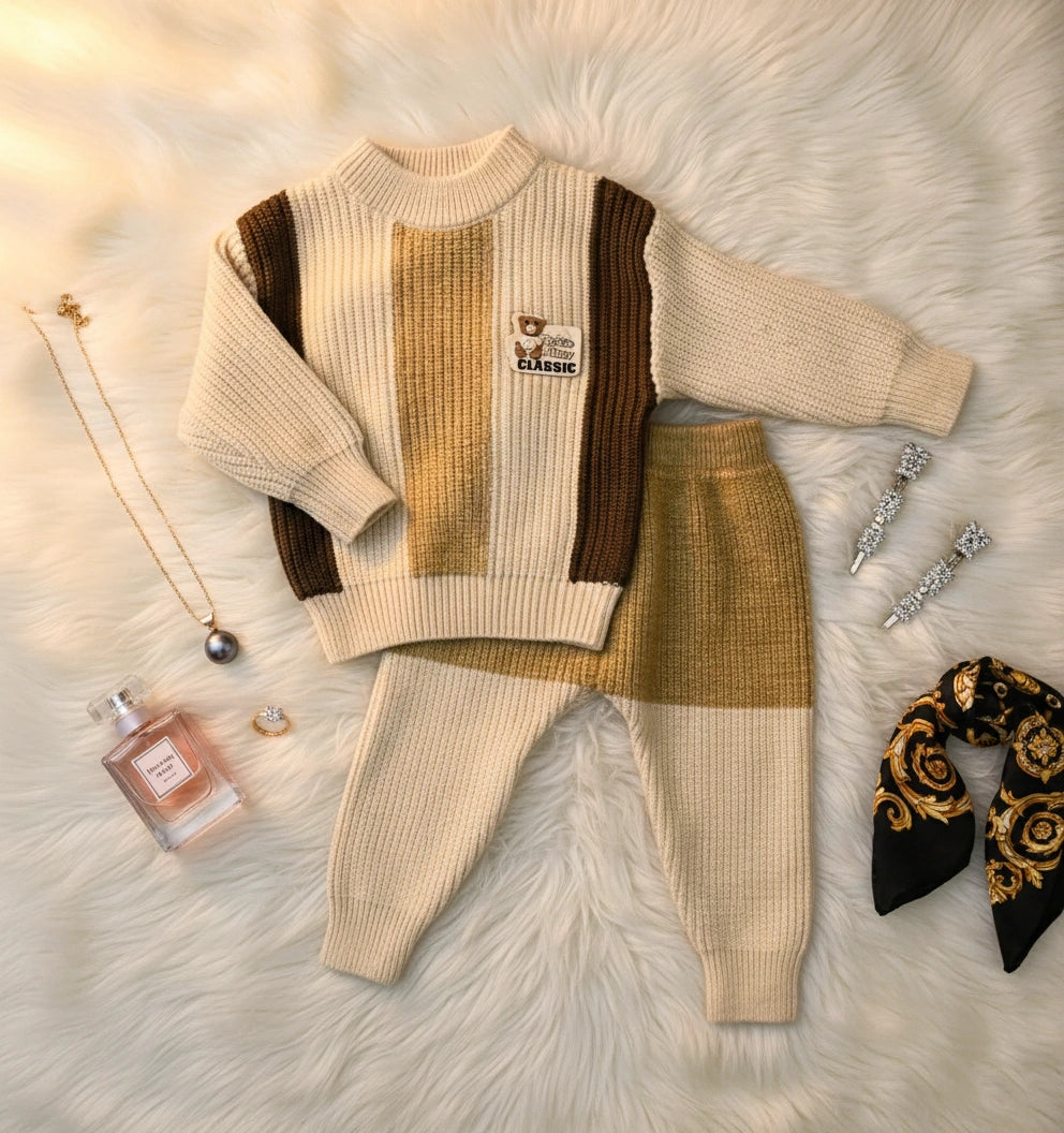 Neutral Color Block Knit Set: Cozy Beige & Brown Stripes