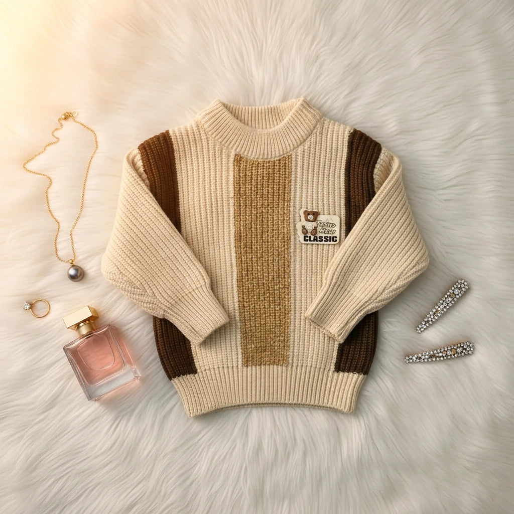 Neutral Color Block Knit Set: Cozy Beige & Brown Stripes