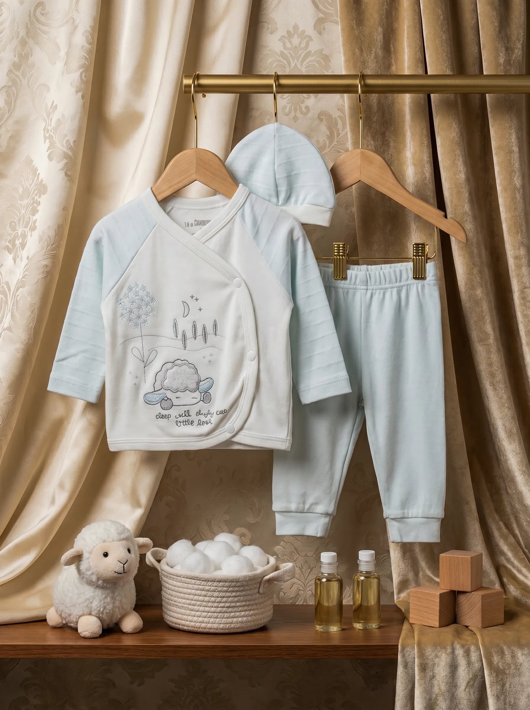 4 Pieces Sky Blue Premium Soft Cotton Embroidered Baby Set