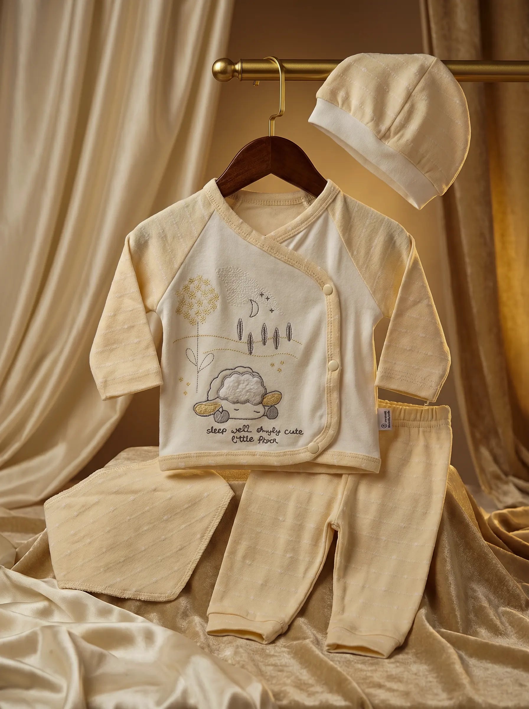 4 Pieces Lime Yellow Premium Soft Cotton Embroidered Baby Set