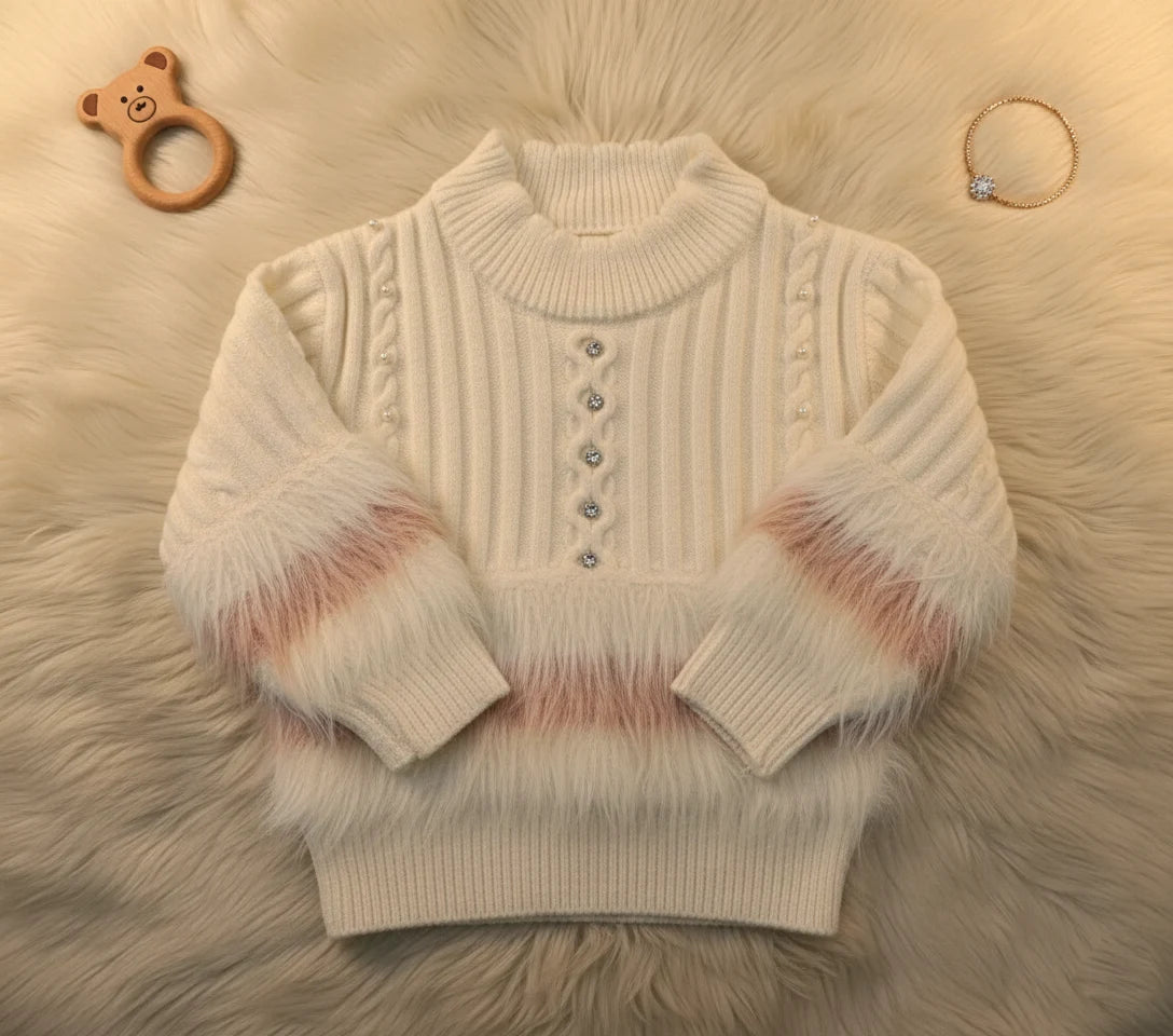 Luxury Ivory Wool-Blend Knit Faux Fur Accent Set