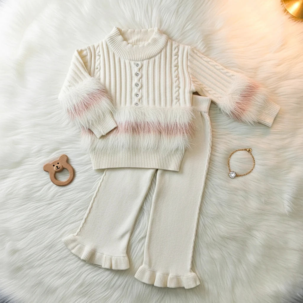 Luxury Ivory Wool-Blend Knit Faux Fur Accent Set