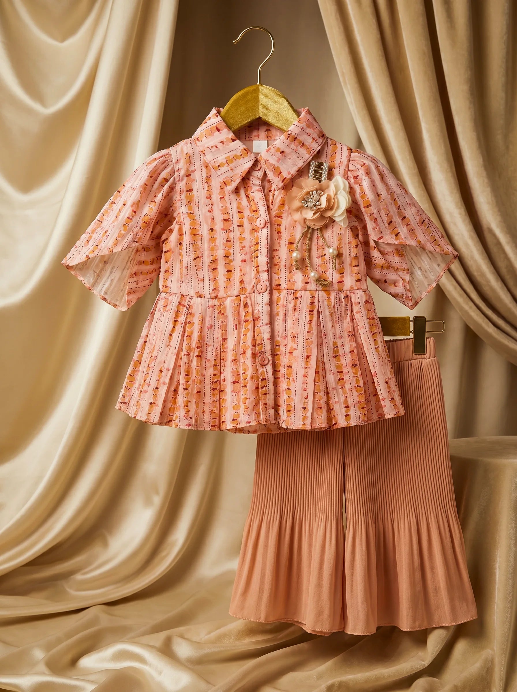 Designer Peach Bloom: Peplum Blouse & Sunset Pleated Palazzo Set