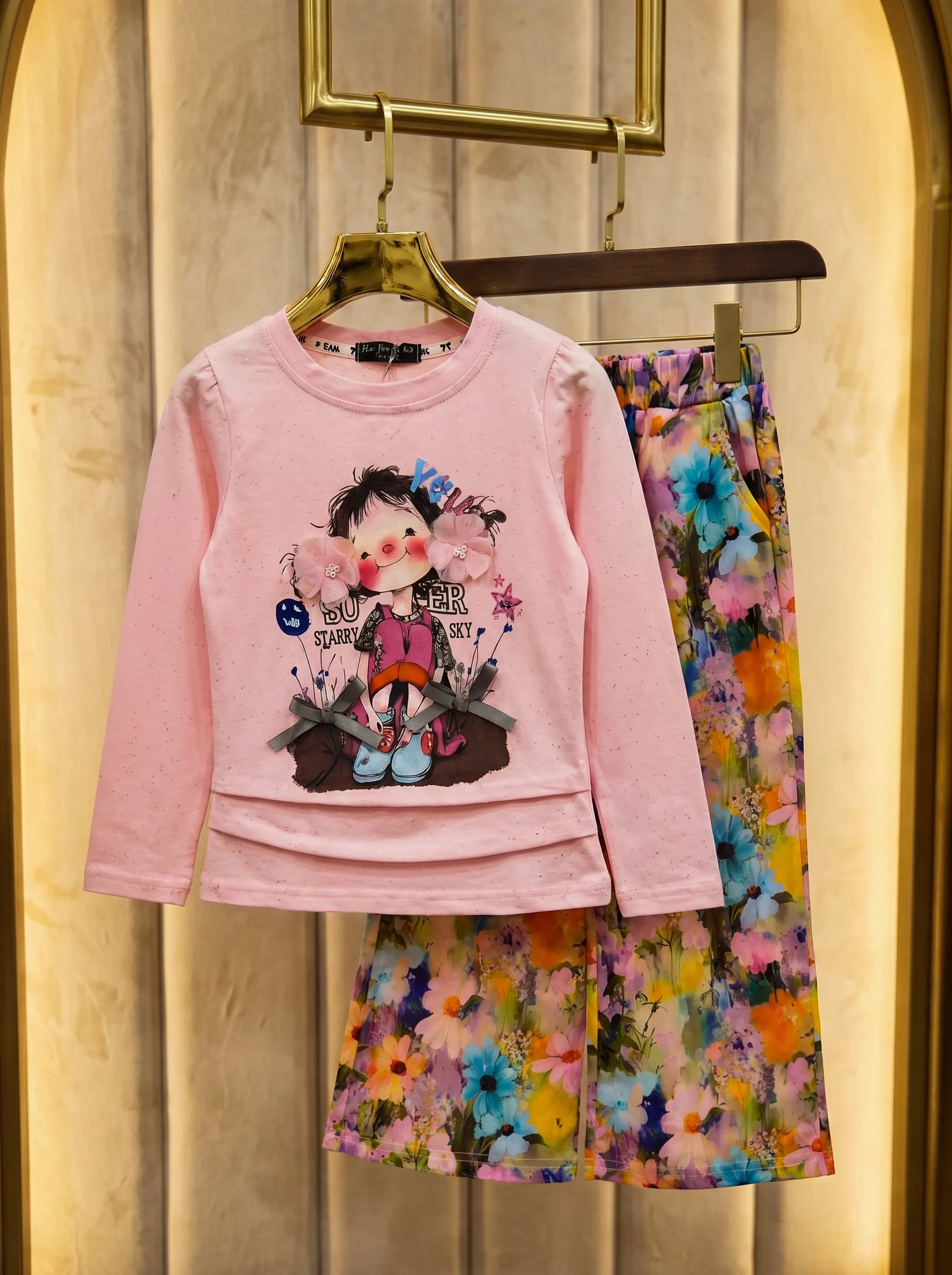 Girl's Bloom Set - Graphic Top & Flowing Silk Floral Pants