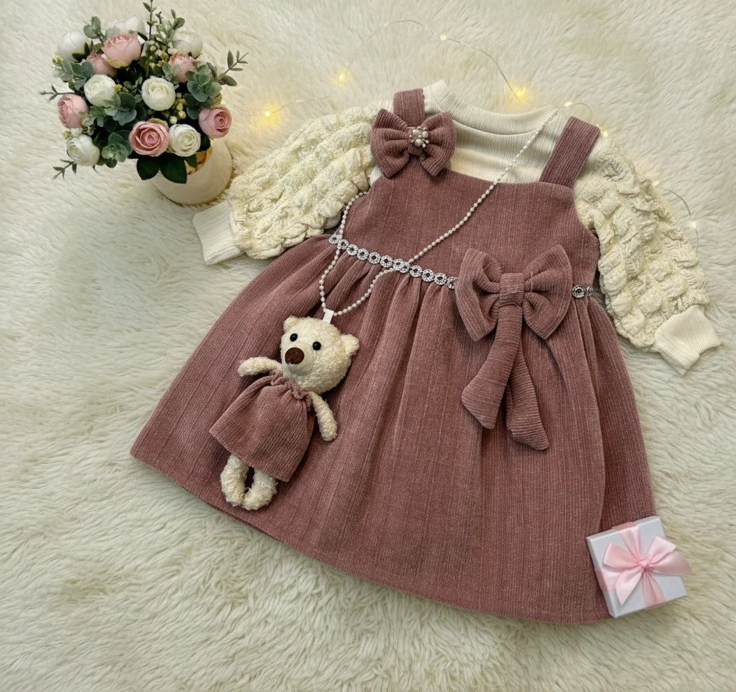 Elegant Rosewood Teddy: Corduroy Dress, Textured Blouse & Legging Trio Set