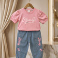Hearty Pink Puff-Sleeve Tee & Denim Jogger Set