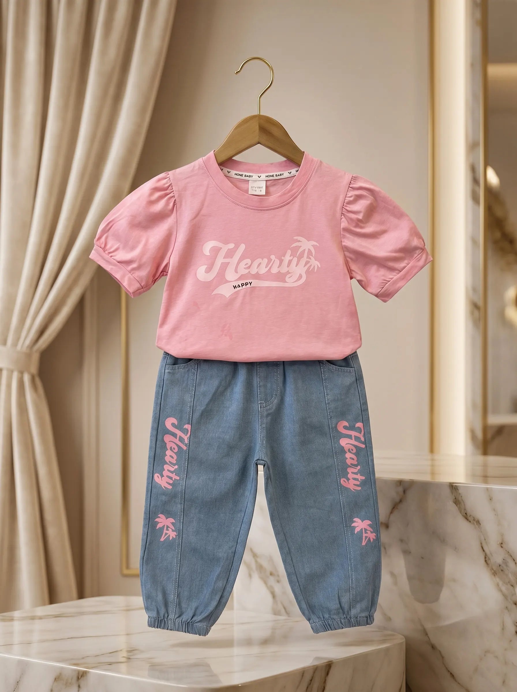 Hearty Pink Puff-Sleeve Tee & Denim Jogger Set