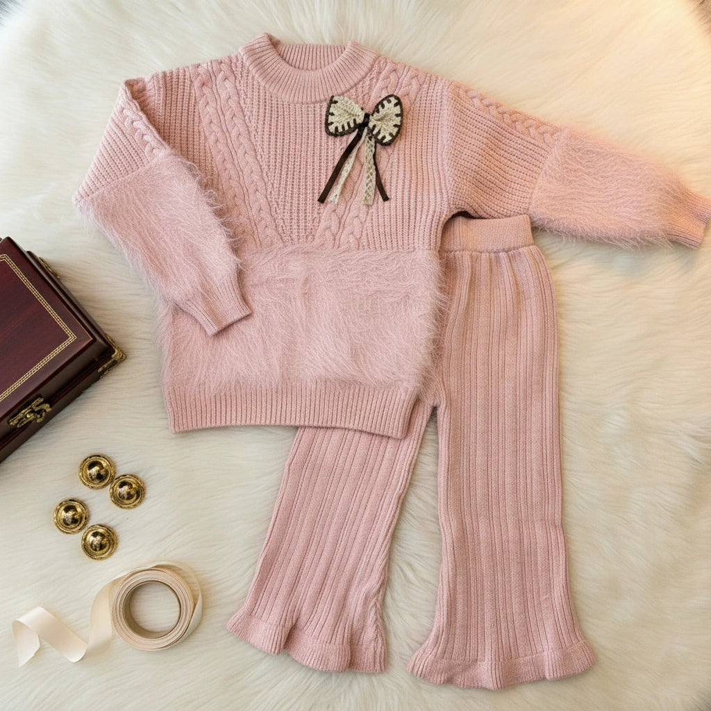 Premium Wool Blend Faux Fur & Cable Knit Sweater Set