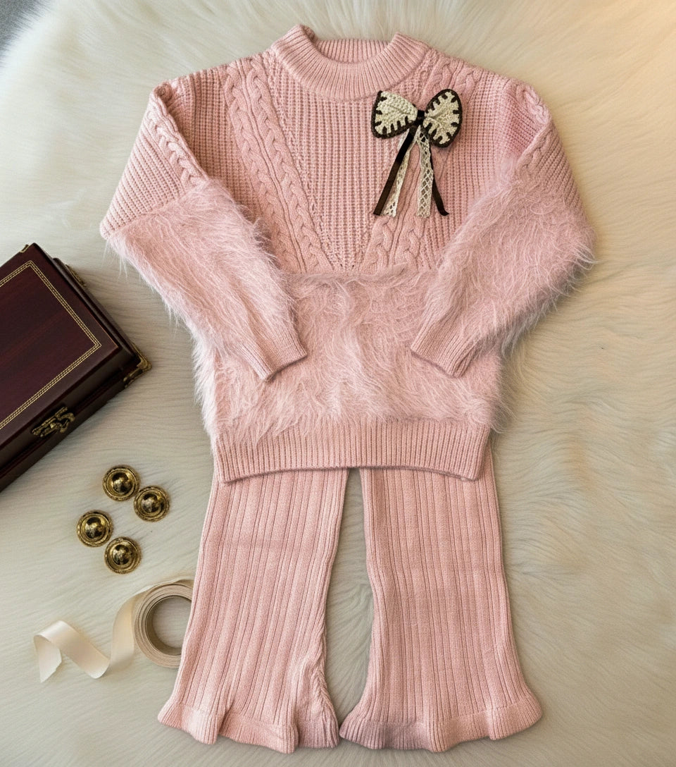 Premium Wool Blend Faux Fur & Cable Knit Sweater Set