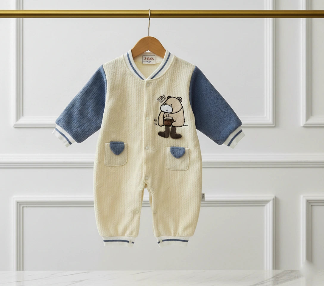 Cute Bear Beige & Blue Baby Romper