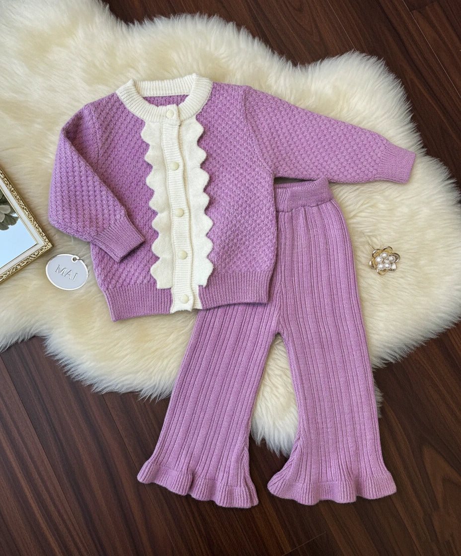 Premium Wool Knit Cardigan and Ruffle-Hem Pants Set