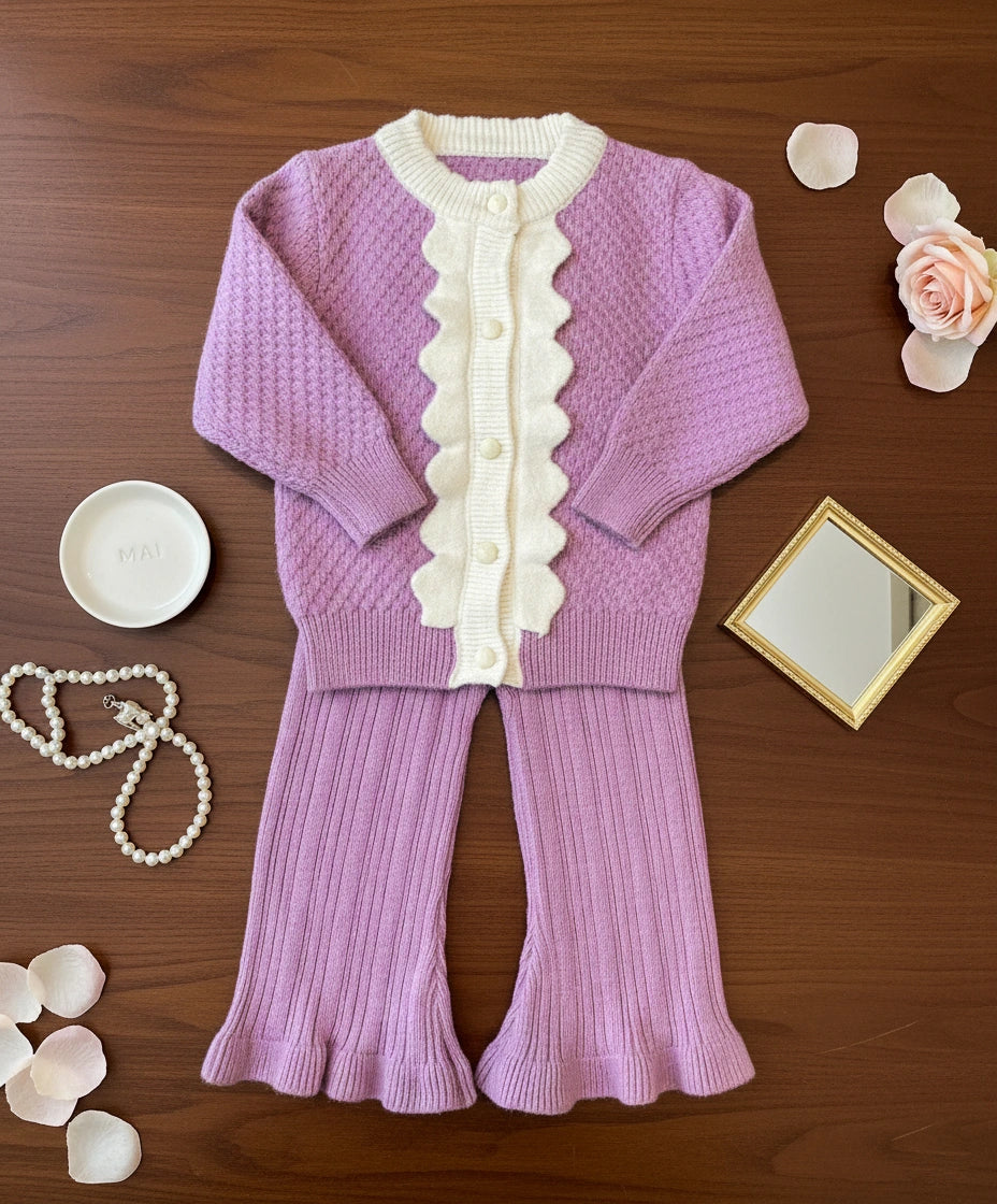 Premium Wool Knit Cardigan and Ruffle-Hem Pants Set