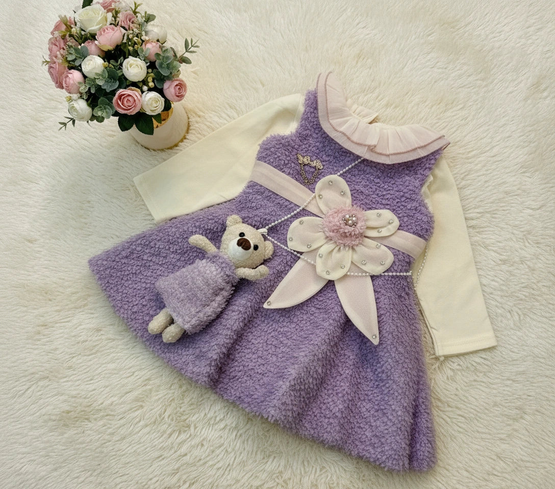 Luxury Lavender Teddy: Bouclé Dress, Blouse & Legging Trio Set