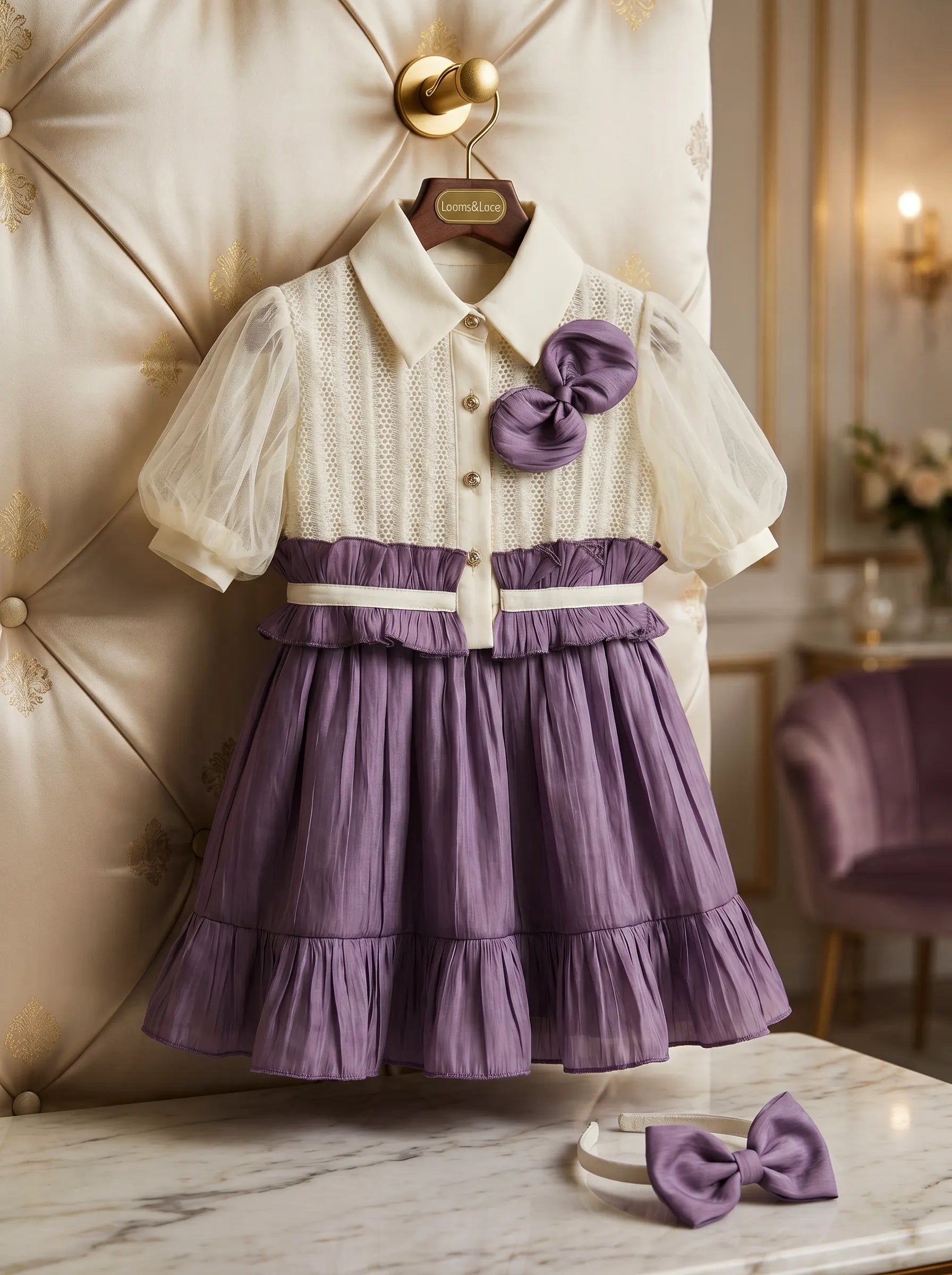 Lavender Ruffle: Bow Dress, Headband & Legging Trio Set