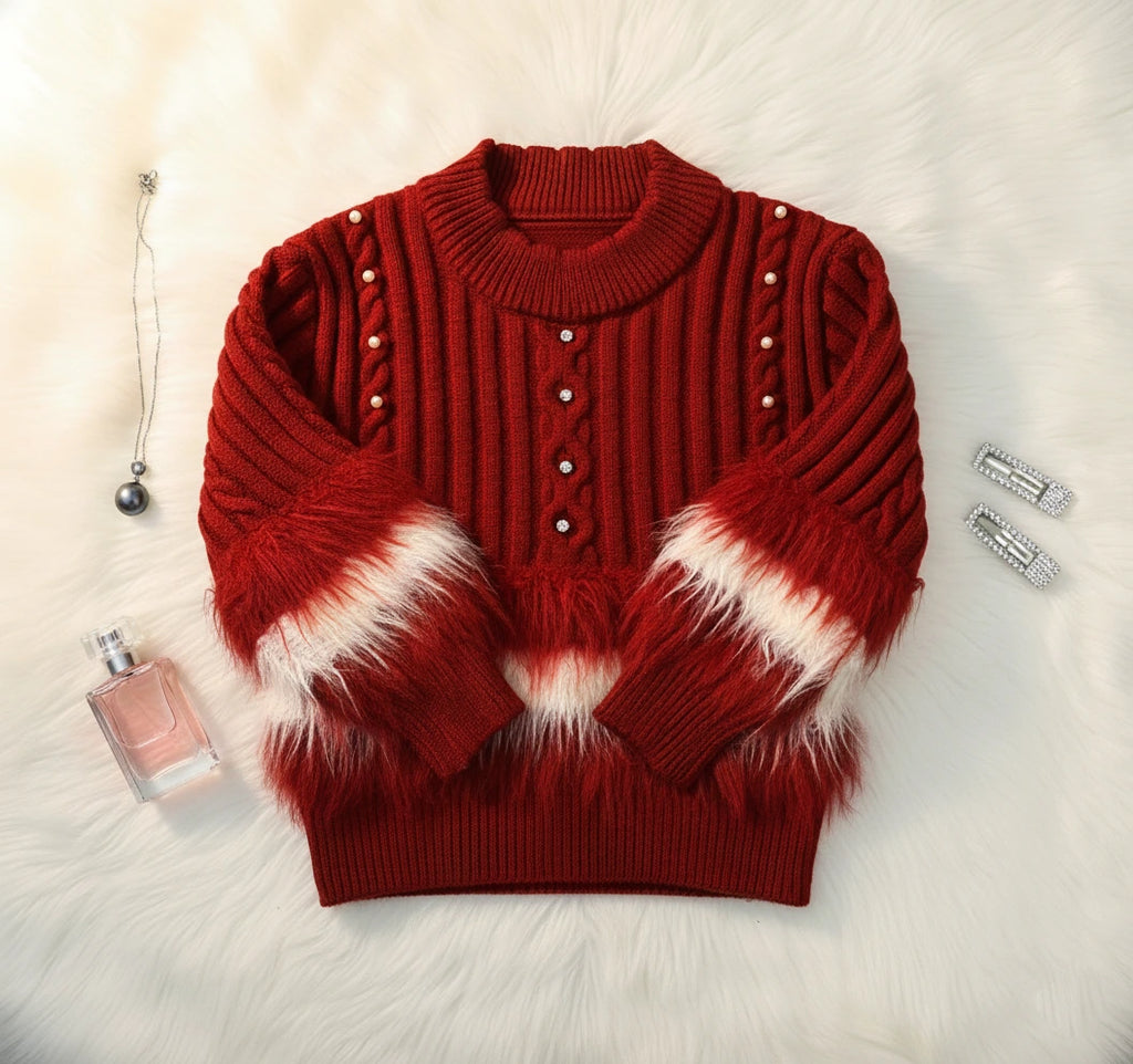 Festive Red Ribbed Knit Faux Fur Accent and Wide-Leg Set