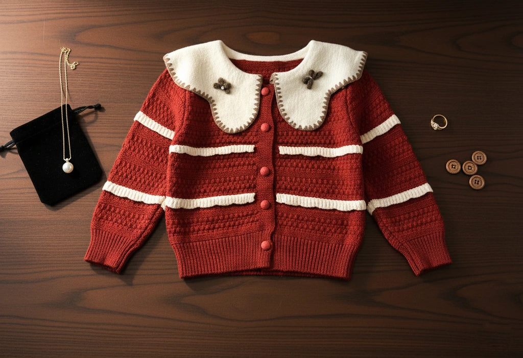 Vintage Knit Peter Pan Collar Cardigan and Trousers Set